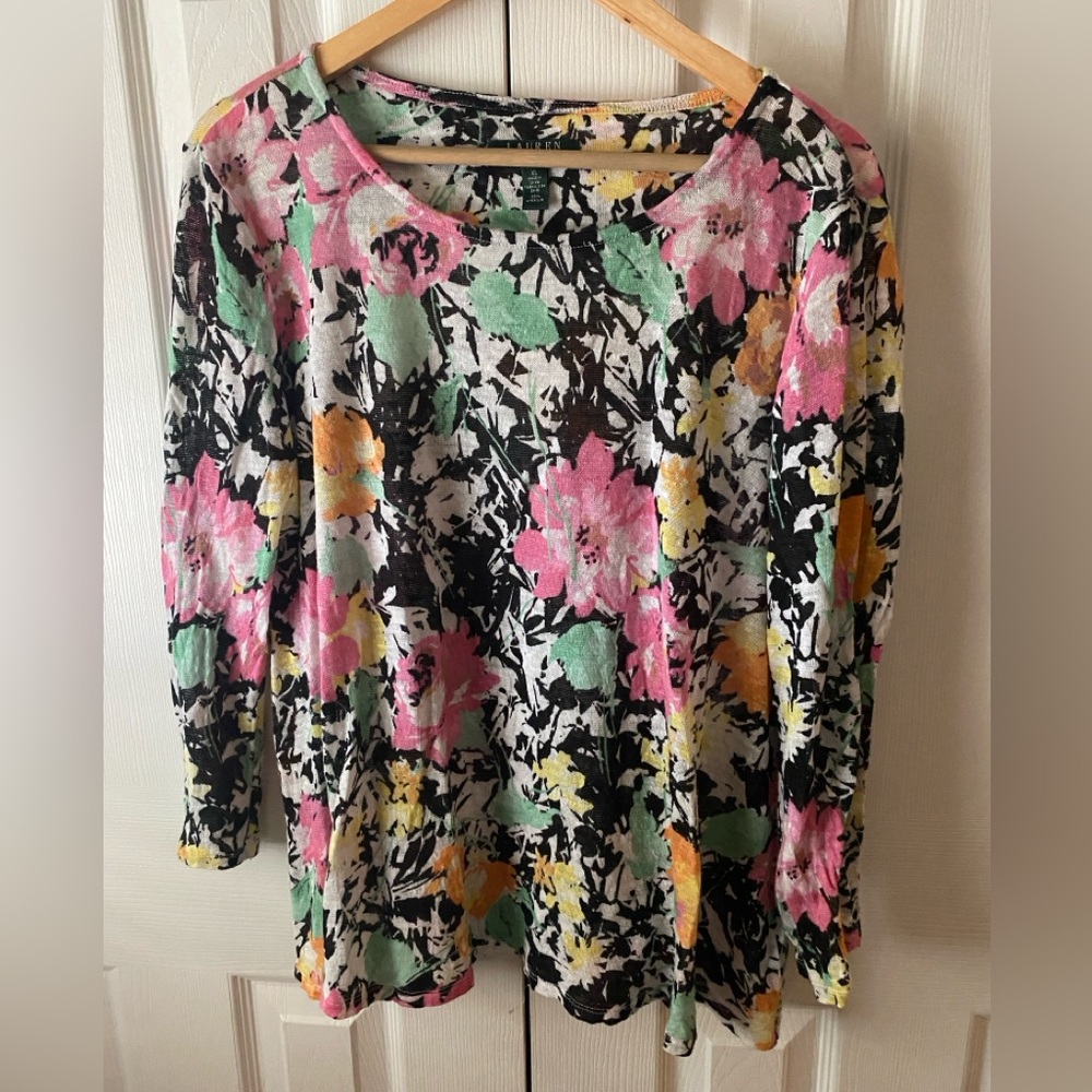 LAUREN RALPH LAUREN Multicolor Floral 100% Linen Knit Lightweight Sweater XL